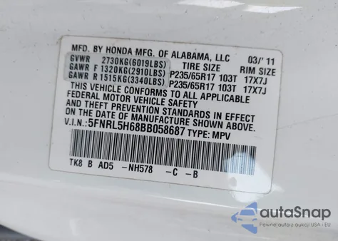 2011 Honda Odyssey Ex-L from USA, damaged, VIN 5FNRL5H68BB058687